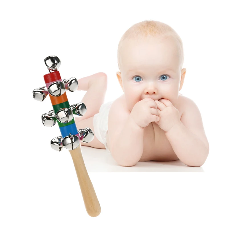 Rainbow Style Baby Rattles Baby Toy Infant Pram Crib Handle Wooden Bell