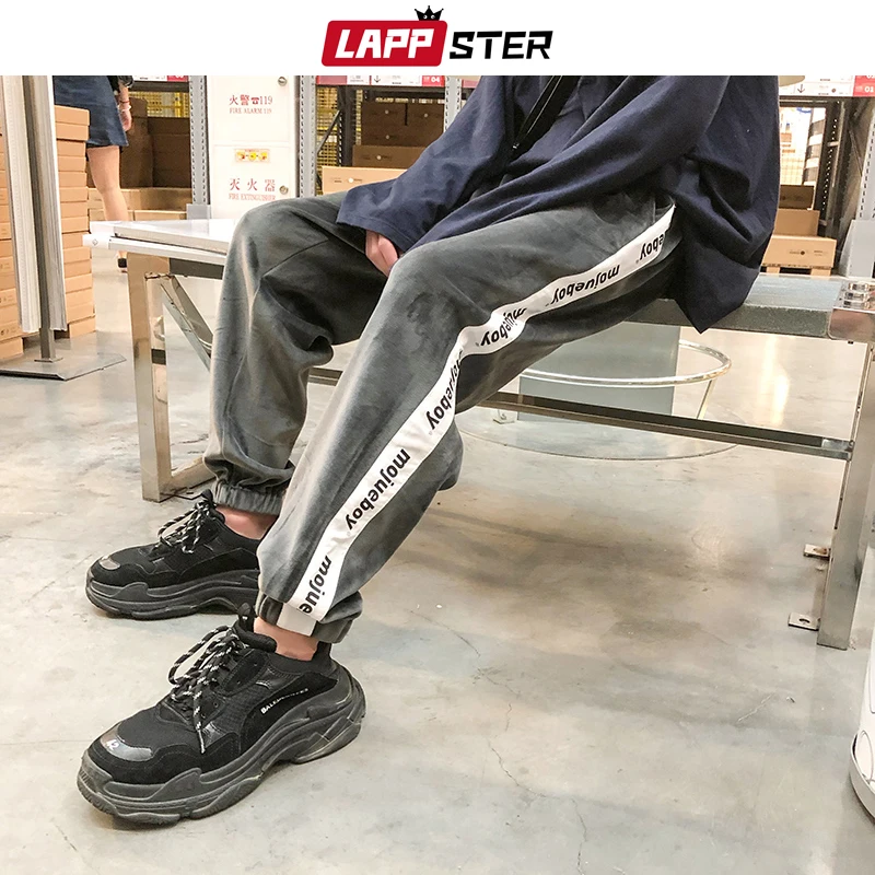 LAPPSTER мужские бархатные уличные штаны для бега Harajuku Хип-хоп полосатые спортивные штаны свободные брюки черные шаровары