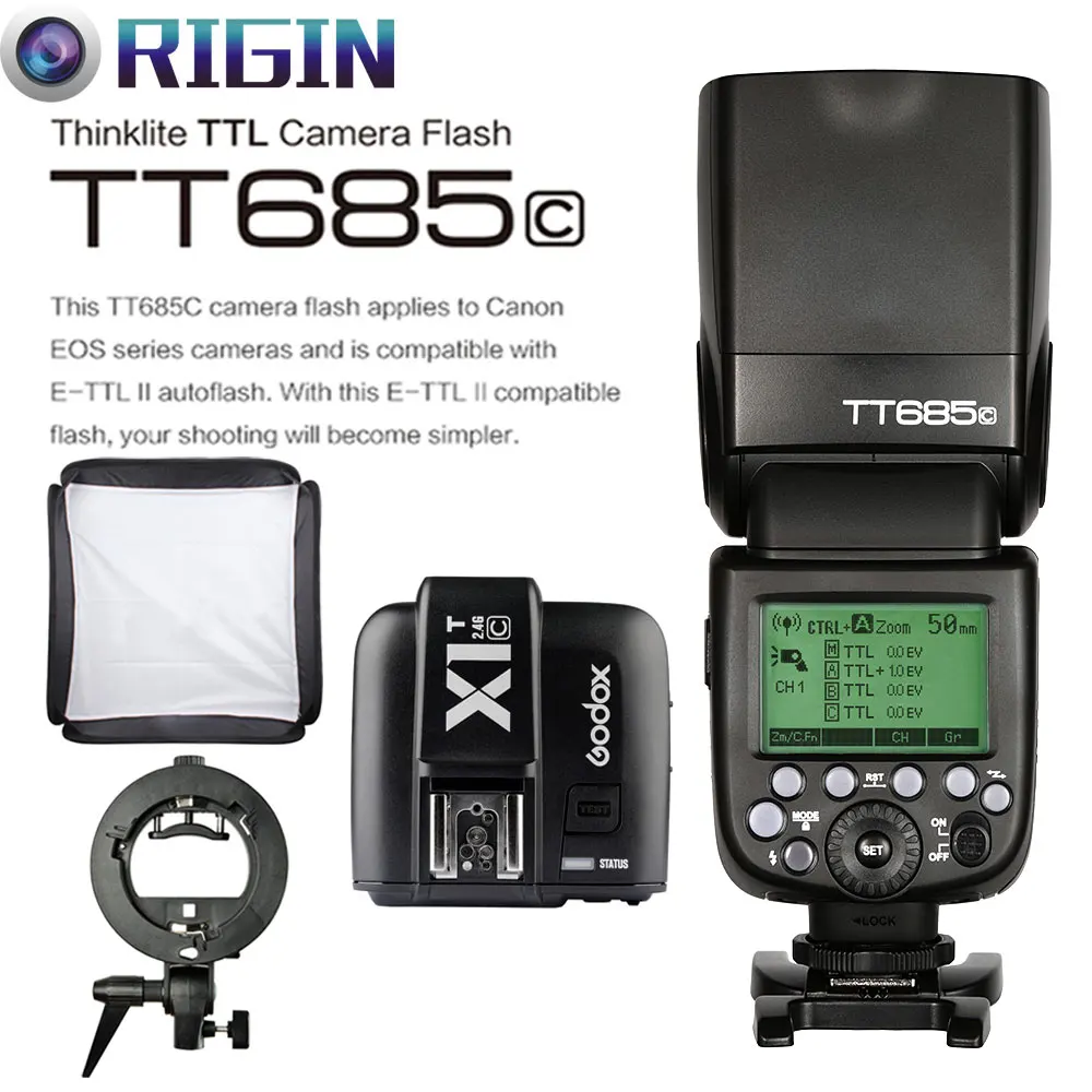 

Godox TTL II Autoflash GN60 HSS 1/8000s 2.4G Wireless Speedlite TT685C+X1T-C/TT685N+X1T-N+Godox S-Type Bracket+SoftBox Kit