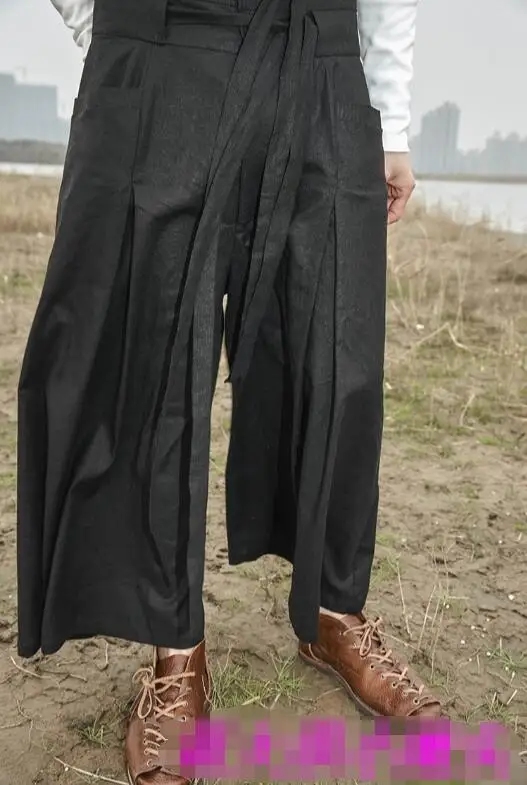 

2019 New Men waist linen wide leg pants loose double waist ribbon Nine points pants casual pants singer costumes