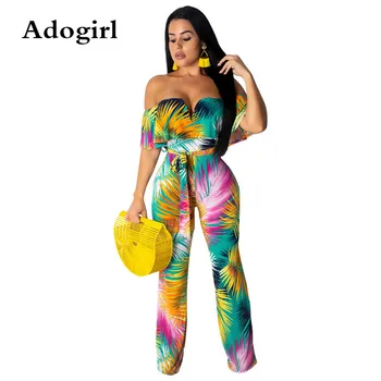

Print Leaf Maxi Trousers Woman Jumpsuit Summer Off The Shoulder Plunging V-neck Butterfly Sleeve Wide leg Beach Sexy Rompers