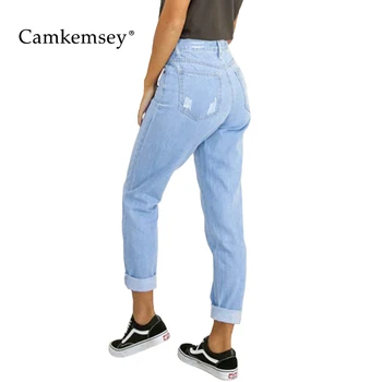 

CamKemsey Loose Boyfriend Jeans Woman Washed Blue High Waist Ripped Jeans For Women Casual Cropped Denim Pants Trousers