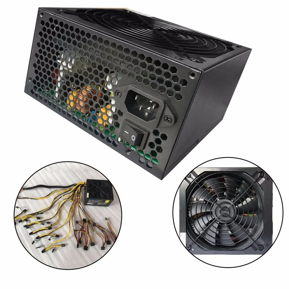 1600W Power Supply For 6 GPU Eth Rig Ethereum Coin Mining Miner Machine with Low Noise Cooling Fan for 370/470/380 / 380X / 480