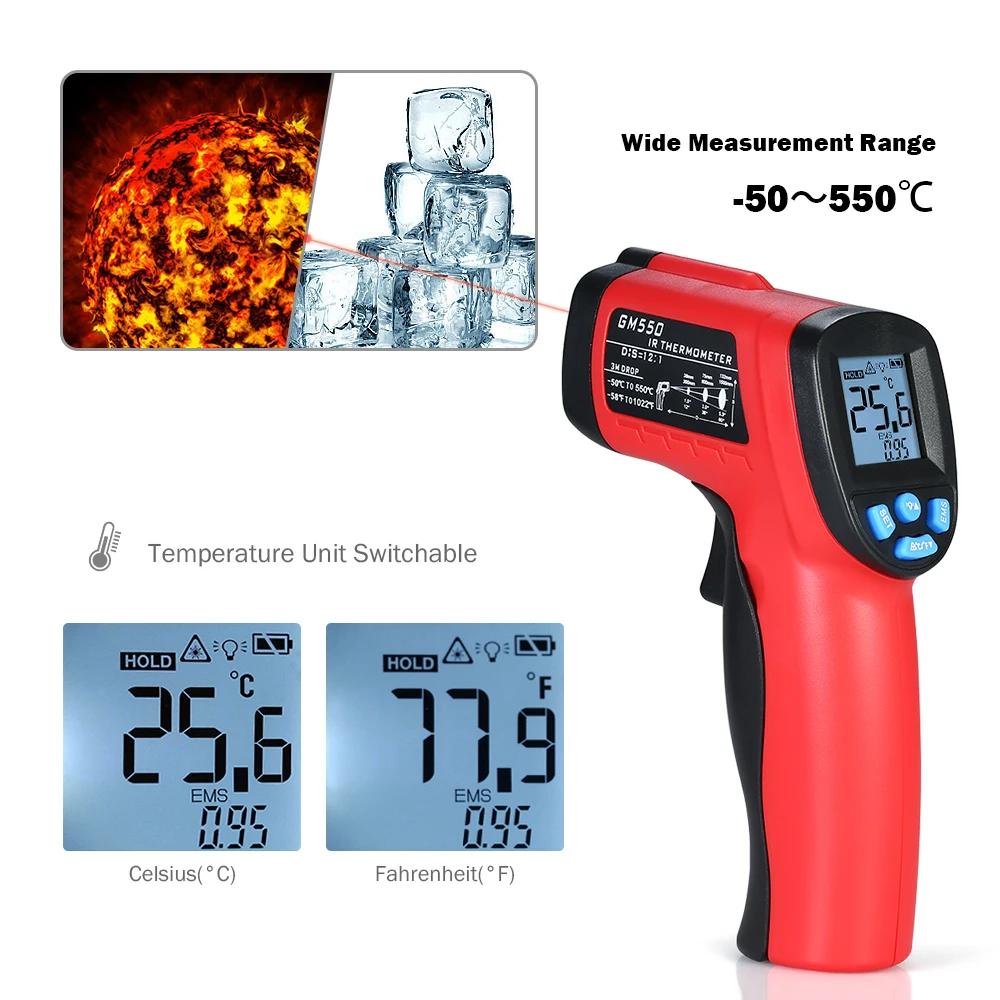 50~ 550C Бесконтактный ИК инфракрасный термометр цифровой пирометр для измерения температуры Цельсия Фаренгейт цифровой инфракрасный термометр
