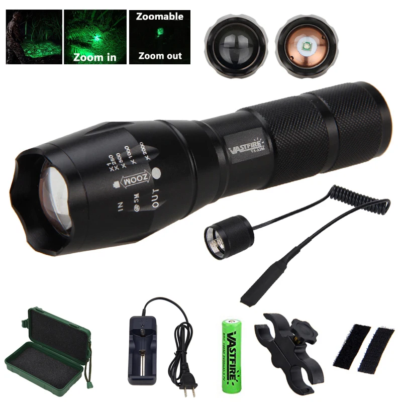 Tactical 5000 Lumens Q5 LED FleshLight Adjustable Focus Flashlight Torch +Rifle Scope Mount+18650+Charger+Remote Pressure Switch