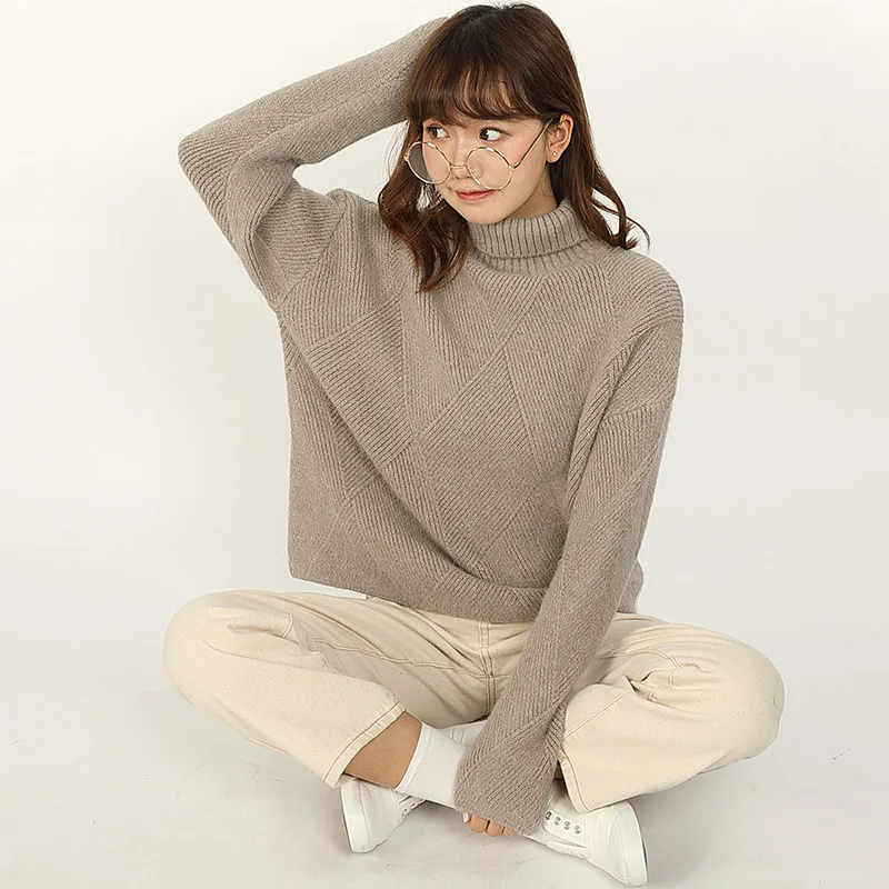 New Style Turtleneck Pullover Sweater Women 2019 Winter Loose Solid Color Long Sleeve Striped Diamond pattern sweater | Женская одежда