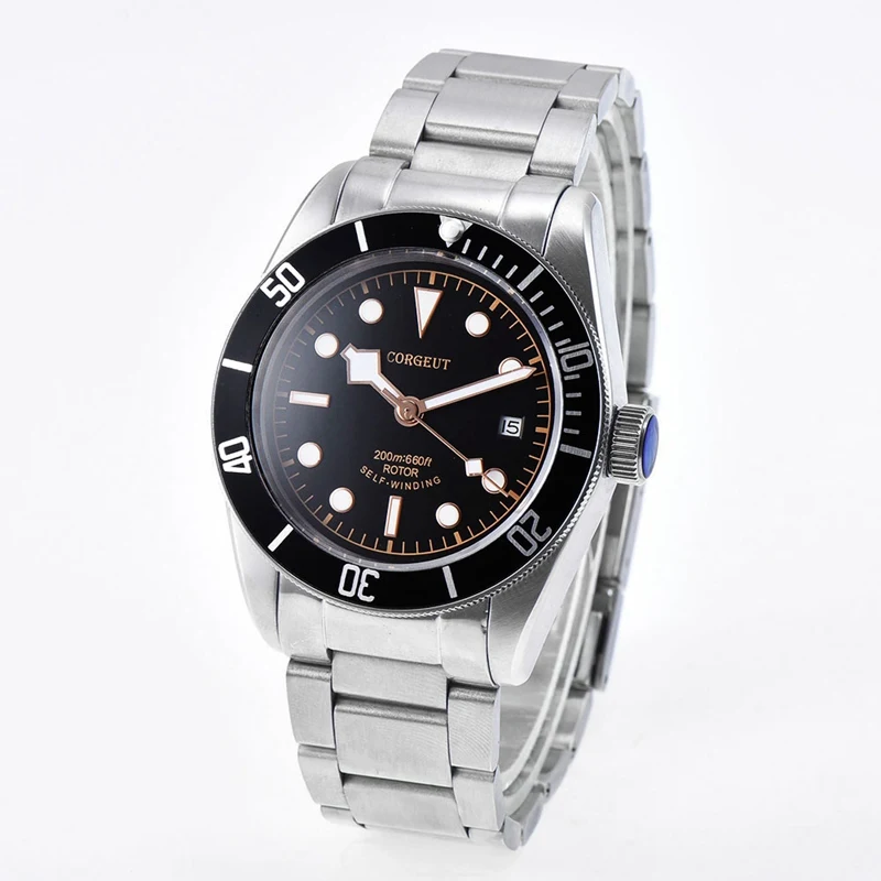 

Corgeut 41mm Mens Automatic Watch, Polished Case Black Lume Dial Stainless Steel Bracelet Miyota 8215 Mov't WristWatch P2010SBR