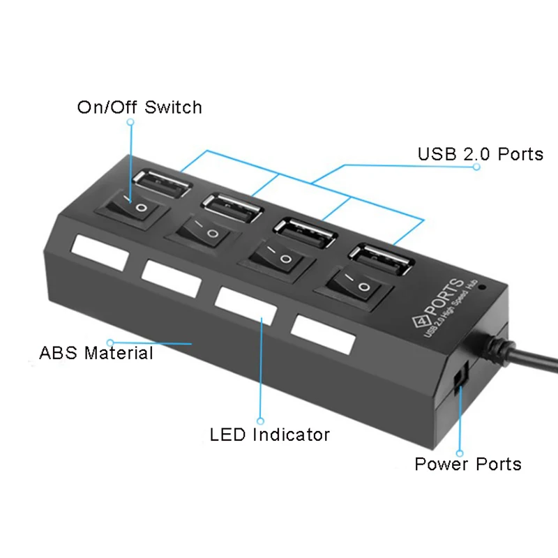 TWOBRO USB HUB 2,0 портативный 4/7 портов USB 2,0 концентратор сплиттер кабель адаптер с Отдельный переключатель для MacBook, ПК, ноутбук