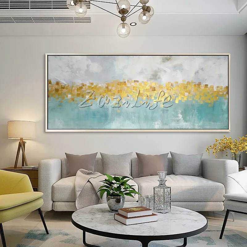 Абстрактная Золотая художественная живопись Ледяной Синий цветок quadro caudros decoracion
