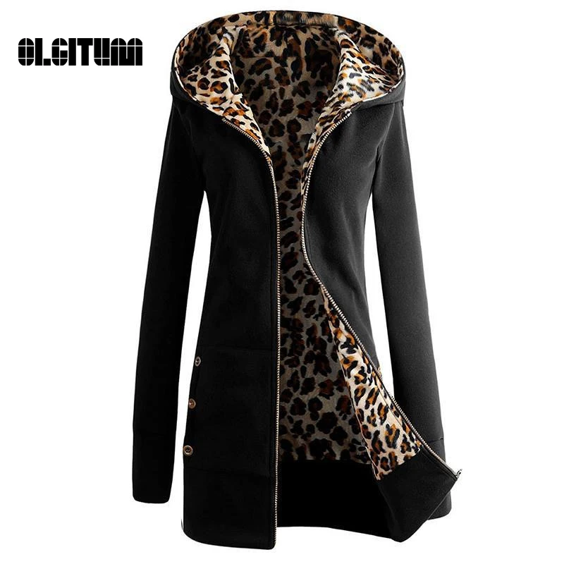 2017 Fashion Autumn Winter Slim Long Sleeve font b Womens b font Hooded Zipper Leopard Coat