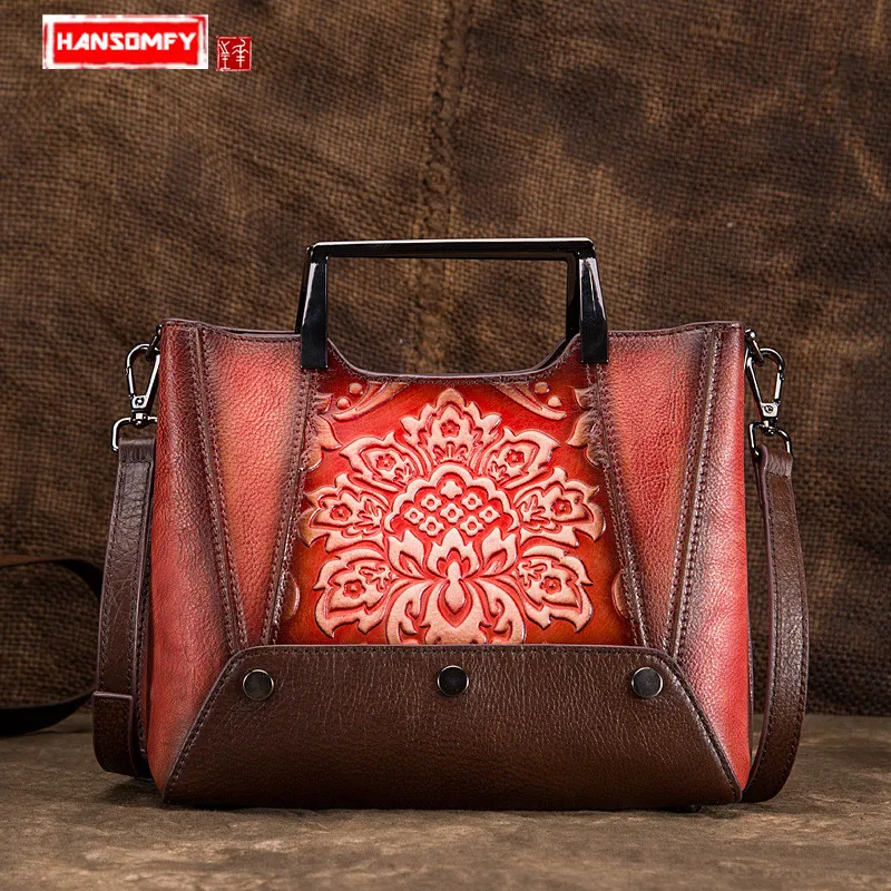 

BJYL Genuine Leather women handbags female shoulder bag retro craft embossed hand-wiping portable crossbody messenger bags