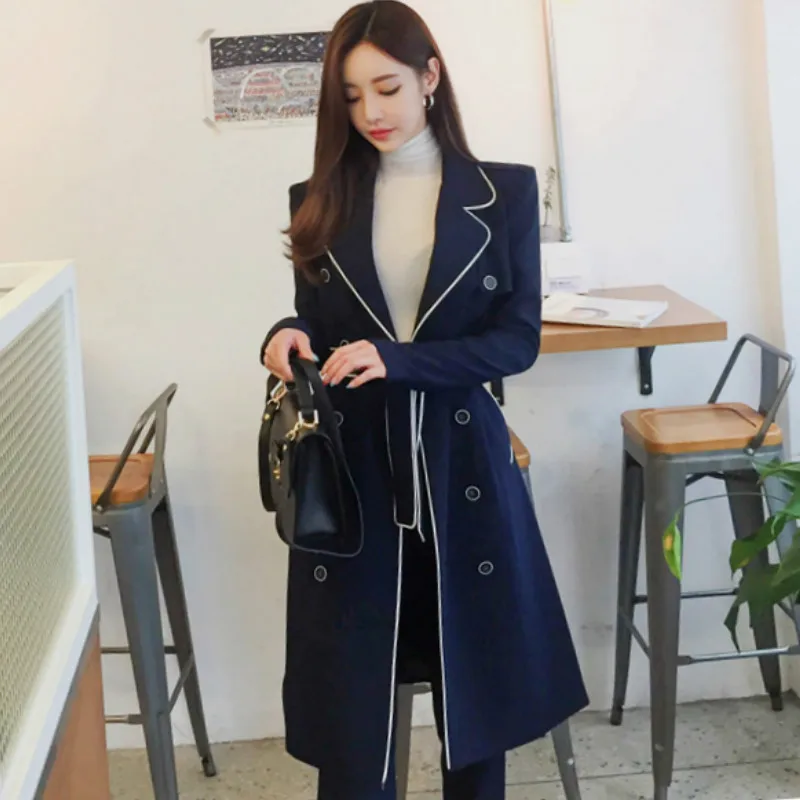 

2019 Autumn Double Breasted Sashes Notched Trench Coat Office Long Pant Navy Solid Work 2 Piece Sets