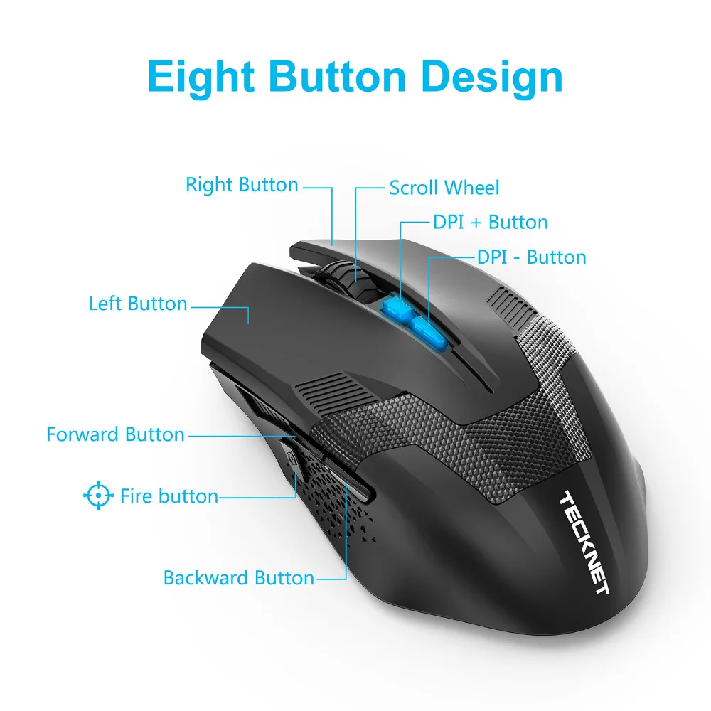 TeckNet Ergonomic Mice Professional Optical Computer 2.4GHz Wireless Gaming Mouse with Nano Receiver 8 Buttons 4000DPI Advanced