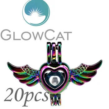 

GLOWCAT 20x CC650 Rainbow Colors Heart Hawk Wings Beads Cage Jewelry Making Essential Oil Diffuser Pearl Cage Locket Pendant