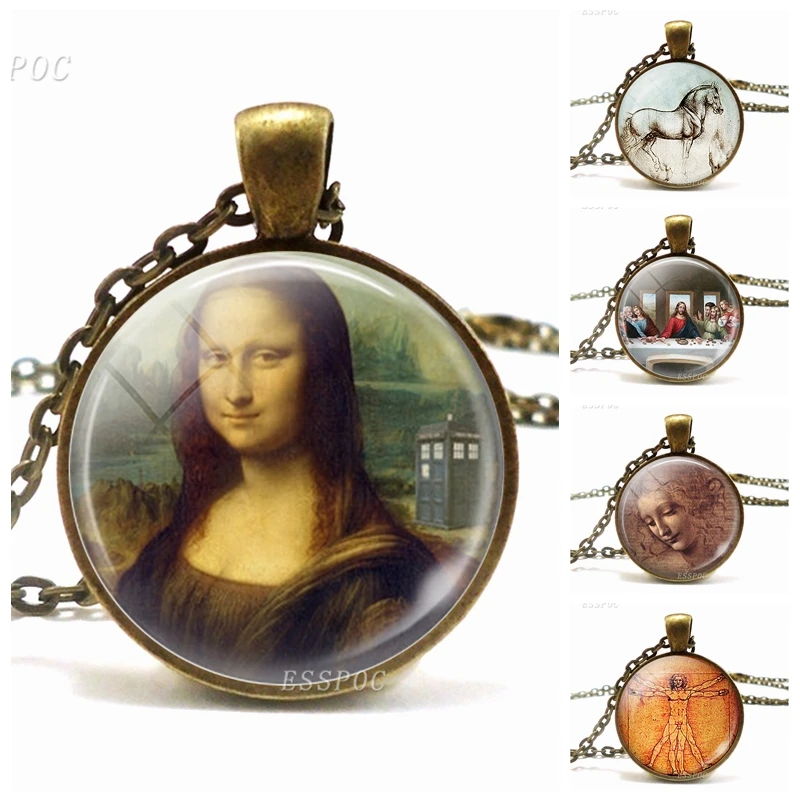 

Leonardo Da Vinci Famous Paintings Necklace Mona Lisa, The Last Supper, Statue of Horse Vintage Bronze Chain Necklace for Women