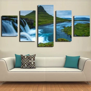 

5 PCS beautiful iceland waterfall hills river in the world Modern Home Wall Decor Print on Canvas Wall Painting Unframed