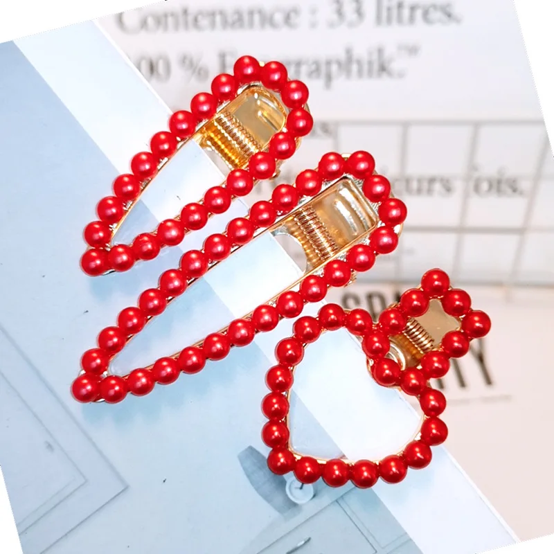 

HEART Red Pearl Hair Clip for Girls Duckbill Clip Women Hair Accessories Headwear Barrettes Hollow Geometric Hairpins