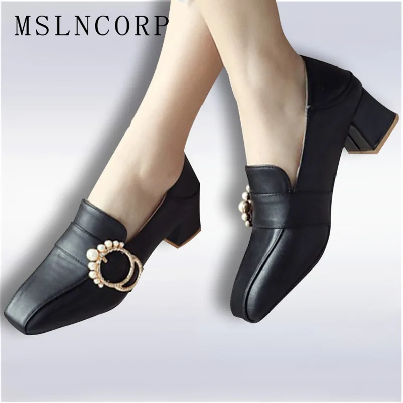 

Plus Size 34-46 Spring Autumn High Heels Women Pumps Shoes Ladies Fashion Pearls Buckle Square Toe Brand European Style Footwear