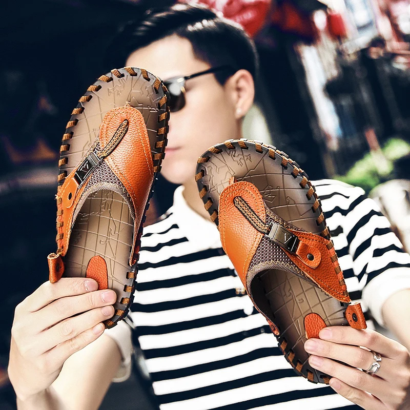 

JICHI Brand Genuine Leather Summer Men Slippers Beach Sandals Comfort Men Casual Shoes Fashion Men Flip Flops Drop Shipping
