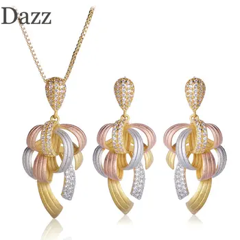 

Dazz Newest Ribbon Flowers Shape Pendant Necklace Dangle Earring Three Tones Color Matt Spray Sand Jewelry Sets For Women Bijoux