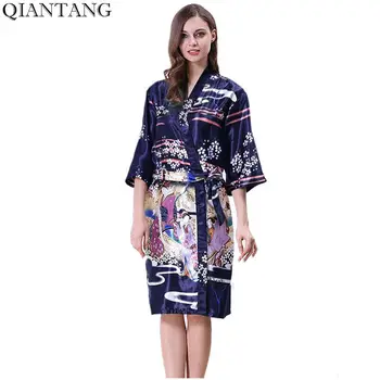 

Navy Blue Womens Robe Hot Lady Faux Silk Kimono Bath Gown Bathrobe Nightgown Mujer Pijama Size S M L XL Y7445
