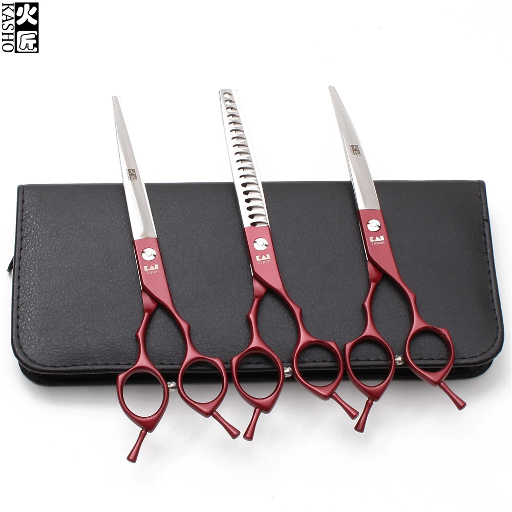 

H3009 6.5" 18.5cm Red Kasho 440C Dogs Scissors Straight Shears Thinning Scissors Professional Grooming Shears Pets Scissors Set