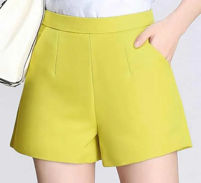 Летние модные женские шорты с высокой талией 3xl Xxl с широкими штанинами, желтые черные шорты, повседневные женские весенние узкие белые шорты - Цвет: grass yellow