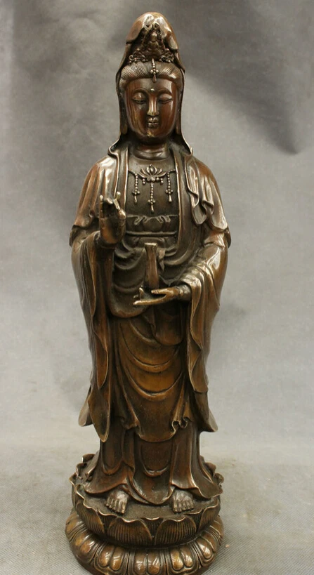 

USPS to USA S1511 15"Chinese Bronze Copper Stand Kwan-yin GuanYin Boddhisattva Goddess Vase Statue (B0413)
