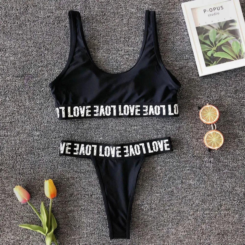 Women Biqiuni Set Soild and Letter Print Bathing Suits Sport Wide Strap Swimsuit Top With Cut Out Thong Bikini 2 Color Size L 8