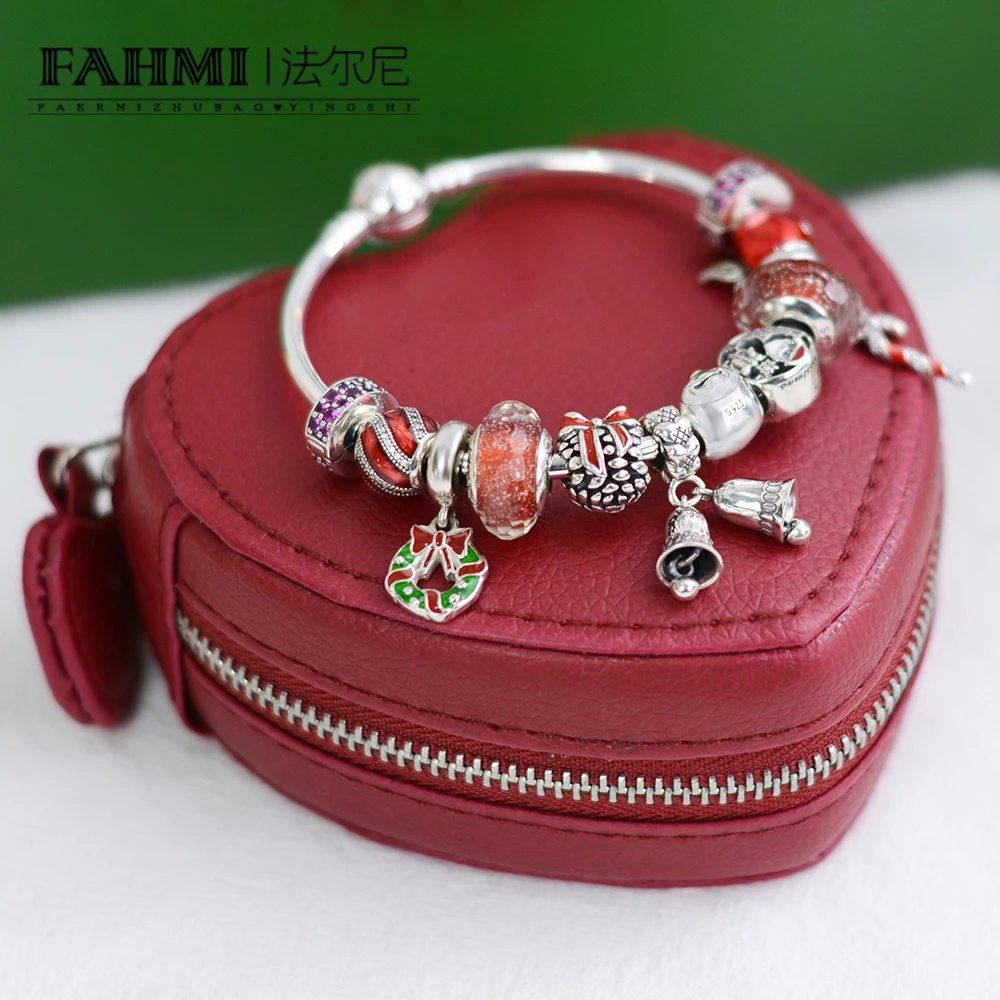 

FAHMI 100% 925 Sterling Silver Winter Christmas Old Man Wind Chimes Cane Snowflake Bracelet Set Force Women Original Jewelry