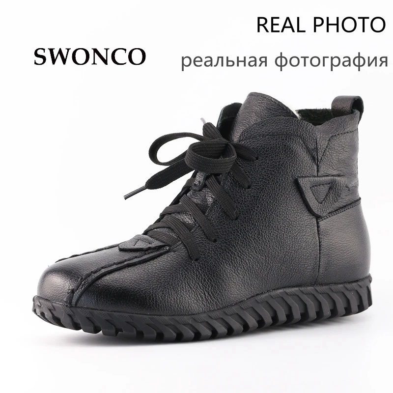 SWONCO Women's Winter Boots Genuine Leather Fur Wool Warm Woman Snow Boot Ankle Boots For Women Black Flat Ladies Shoes Boot Women's Shoes
