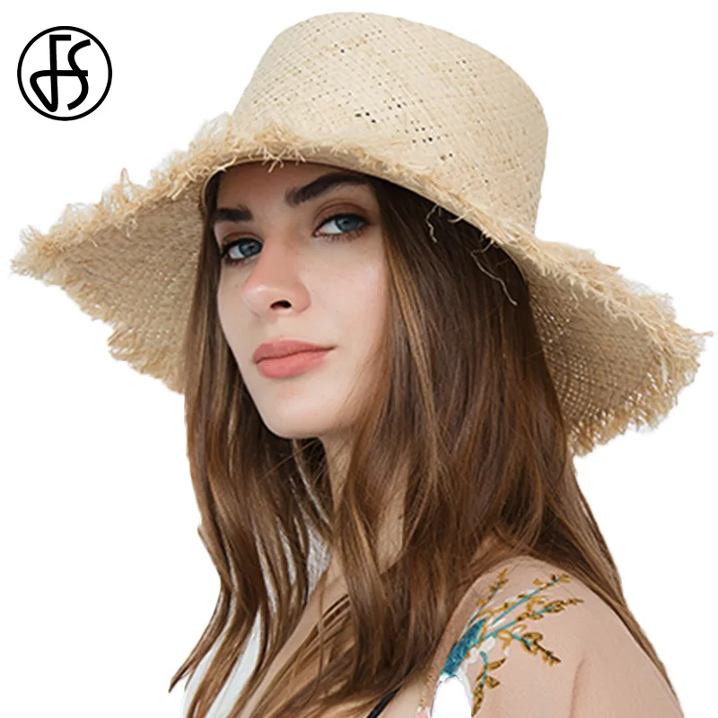 FS Large Wide Brim Raffia Straw Sun Hats Cap Fringe For Women Ladies