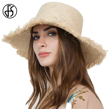 

FS Large Wide Brim Raffia Straw Sun Hats Cap Fringe For Women Ladies Summer Breathable Outdoor Beach Hat Fashionable Elegant
