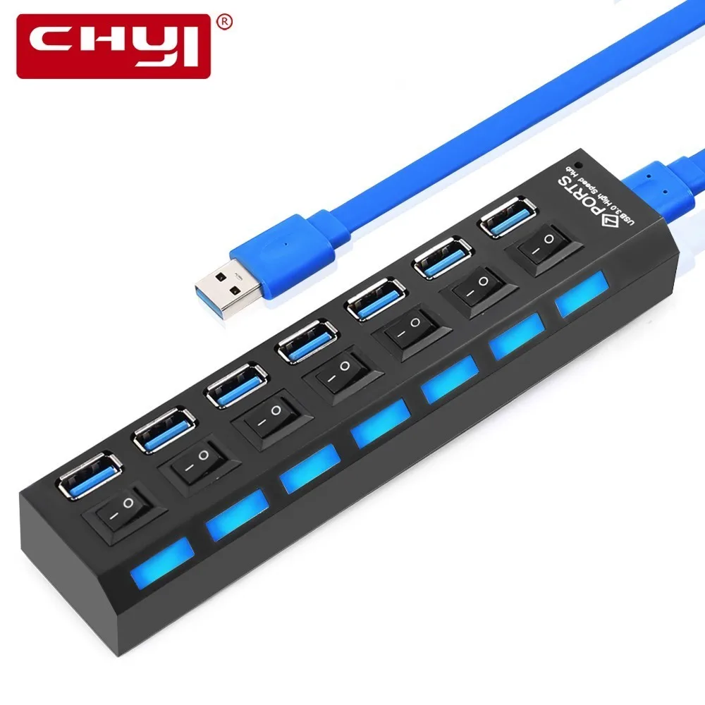 Chyi супер Скорость концентратор USB 3.0 5 Гбит 7 Порты USB-HUB сплиттер с на/выключения взвода вставить Компьютерная периферия аксессуар