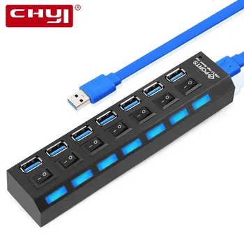 

CHYI 7 in 1 USB 3.0 HUB LED Indicator and ON/OFF Switch Super Speed Up to 5Gbps Extra Power Input USB3.0 Splitter Adapter For PC