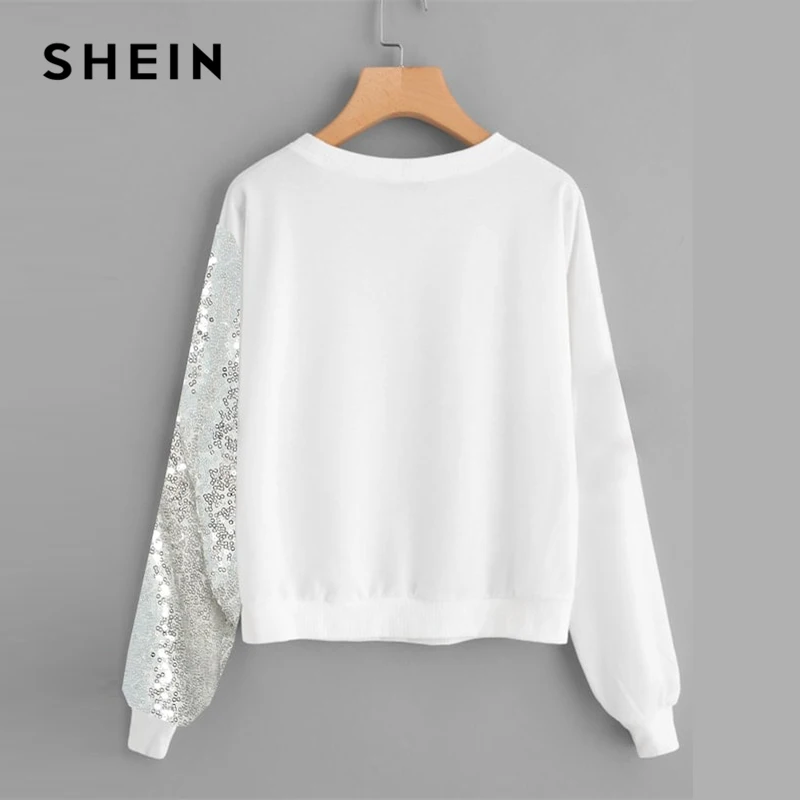 SHEIN الأبيض زائد حجم قطرة الكتف Preppy نمط غير المتكافئة الترتر لوحة المرأة البلوز طويلة الأكمام الخريف عارضة البلوفرات