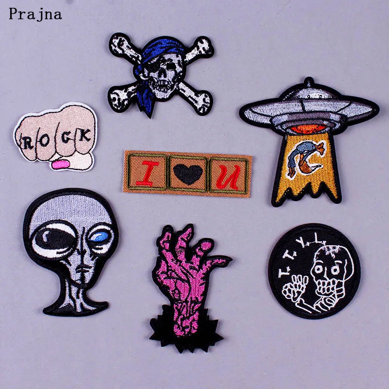 

Prajna Punk Rock Badge Patch Embroidered Iron-on Patches for Clothing Hippie DIY Round Stickers UFO Applique Garment Accessory F