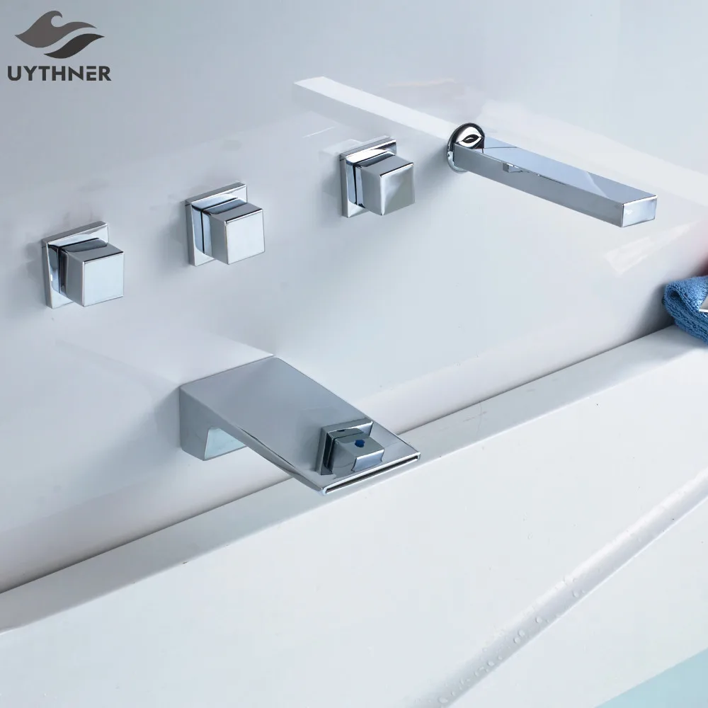 

Uythner 5PCS Three Handles Waterfall Spout Bathtub Faucet w/ Handheld Shower Sprayer Mixer Tap Deck Mounted