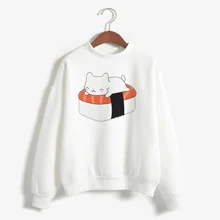 Vsenfo Милая толстовка с изображением суши кота Женская забавная мультяшная милые суши с японским принтом теплая флисовая толстовка Moletom Feminino Harajuku