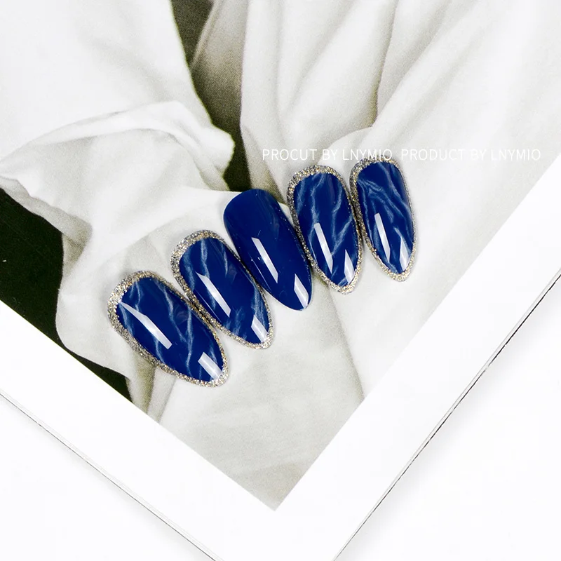 LNYMIO синие выцветшие поддельные ногти белый мрамор с серебряным наконечником для обертывания ногтей
