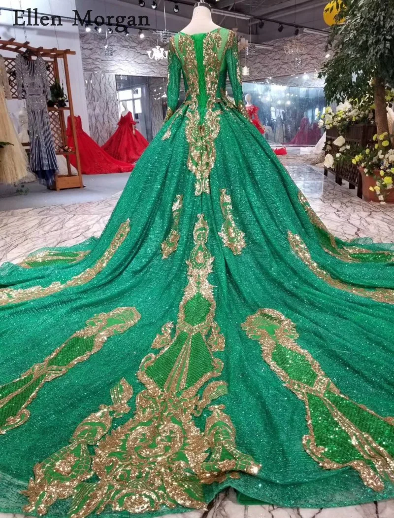 Зеленые блестящие свадебные платья с длинными рукавами для женщин Пышное красочное кружевное корсет Саудовская Аравия Африка черное свадебное платье класса люкс