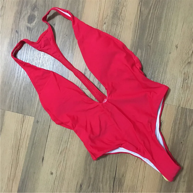 

Sexy Deep V Neck Trikini Red Cut Out Bathing Suit One Piece Swimsuit High Waist Thong Swimwear Monokini maillot de bain femme