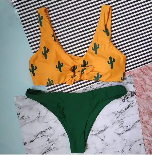 OULING Cactus Print Micro Tanga Bikini Mujer 2018 Push Up Biquini Sexy Thong Bathing Suit Women Swimming Wear Two Piece Swimwear