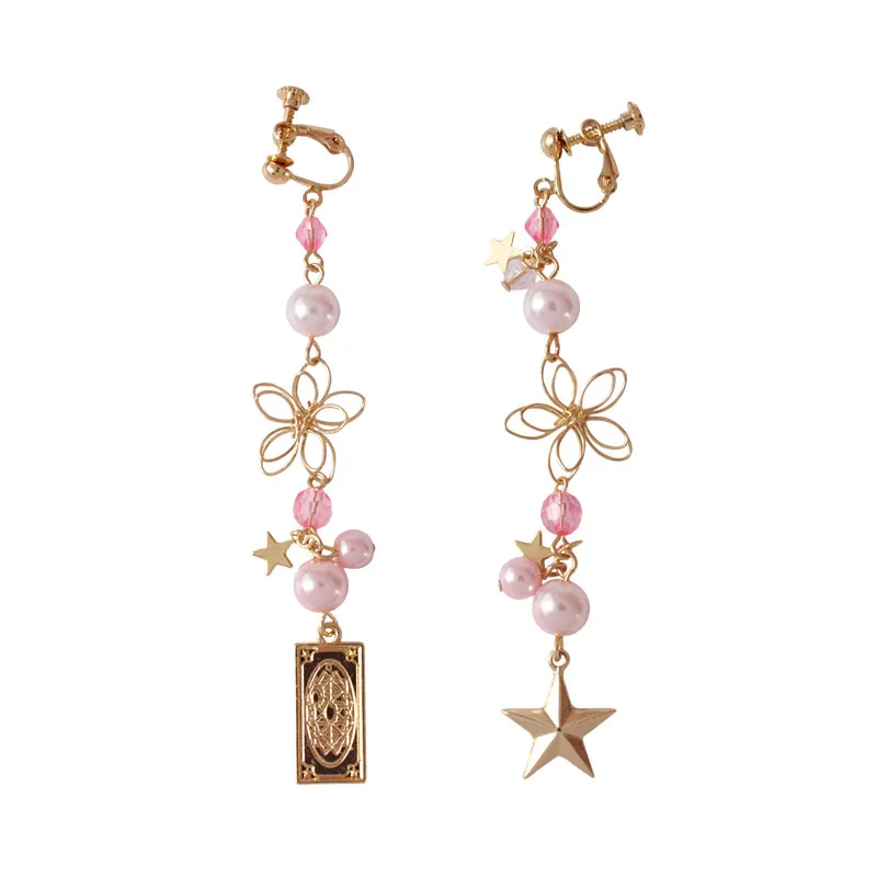 

Japenese Comic Metal Enamel Hollow Flower Pink White Imitate Pearl Card Captor Sakura Long Clip Earrings For Women Children Kids