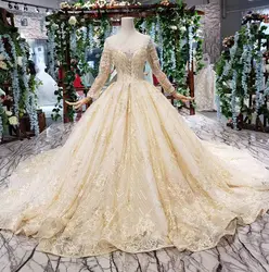 Роскошный Золотой бальное платье свадебное V образным вырезом одежда с длинным рукавом свадебное платье невесты Бисер для платья