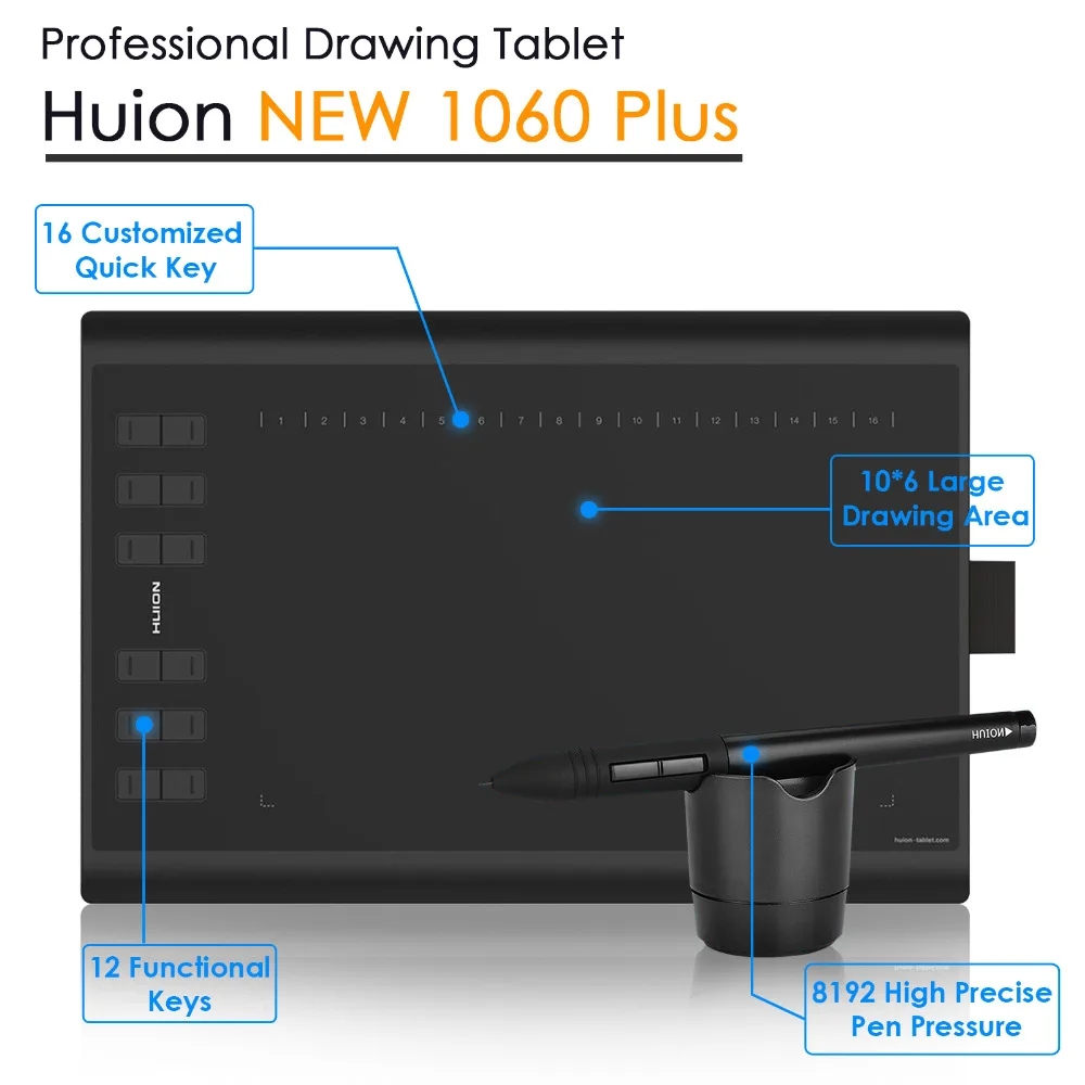 Продажа Huion, новинка 1060, плюс, профессиональный цифровой планшет для рисования, 8192 уровней, ручка, давление, 12 горячих клавиш, графические планшеты с ...