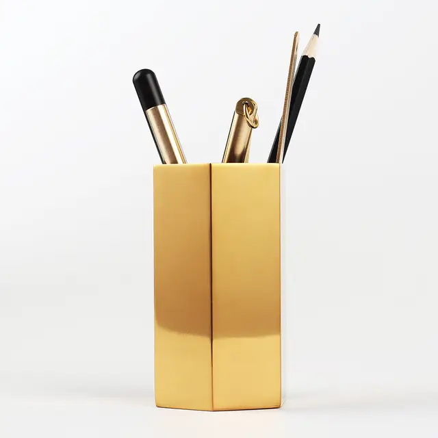 Dokibook Golden Brass Pen Holder Stainless Steel Metal Desk