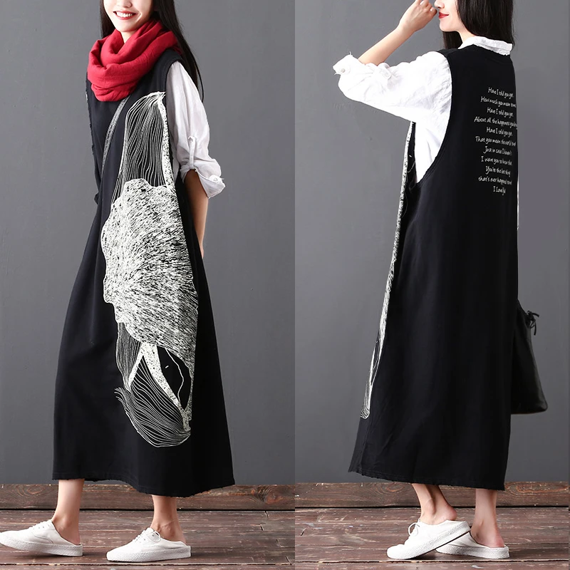 

2019 female original design new spring plus size 100% cotton fashion temperament loose print wild vest dress