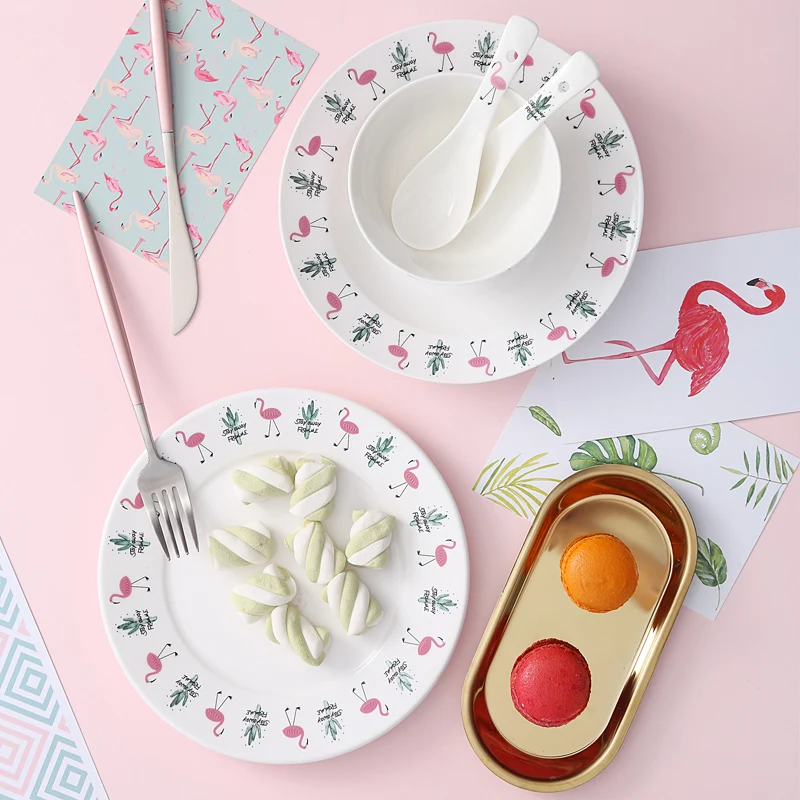 Tableware Set Dinner Plate Popular Ins Style Ceramic Bowl Hand-painted Flamingos Pattern Coffee Cup Spoon Dishes | Дом и сад