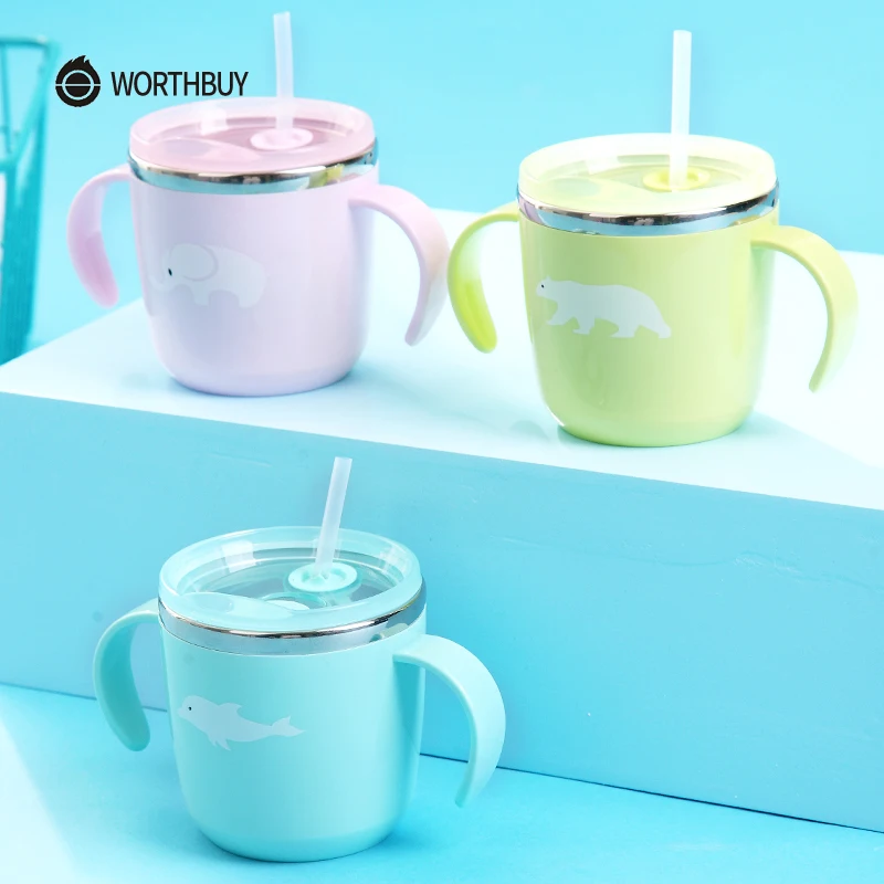 

WORTHBUY Cute Kids Mug With Straws Lid 304 Stainless steel Coffee Mug Leak-Proof Tea Cup For Kids Portable Travel Mug Drinkware